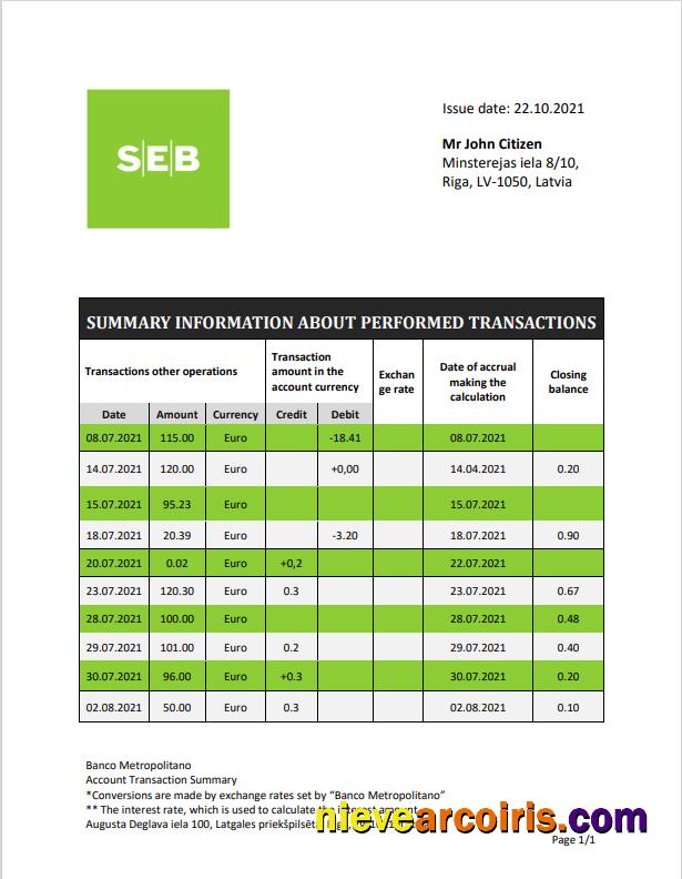 Latvia SEB Bank statement in Word and PDF format